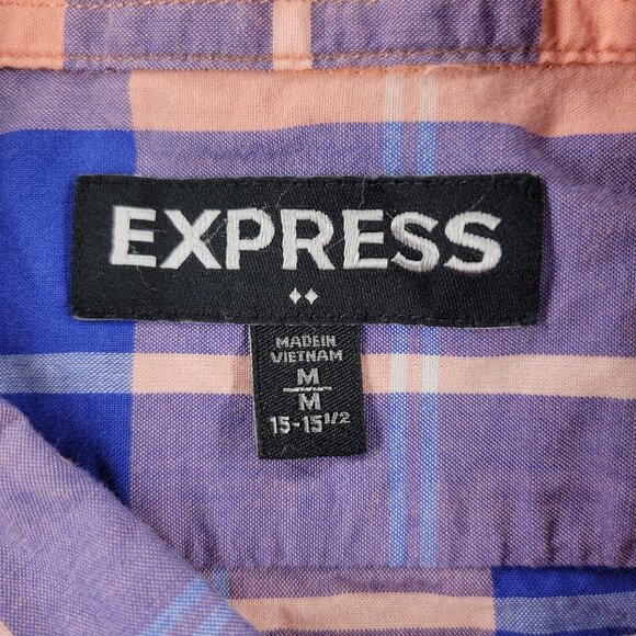 Express Button Shirt Men's Medium Blue Plaid Long Sleeve Single Pocket Adult M - Picture 15 of 16